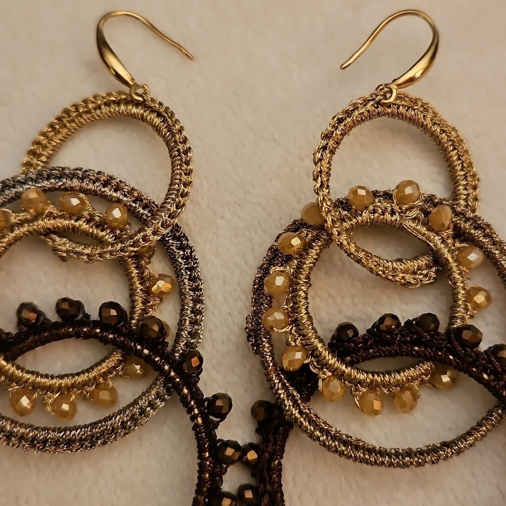 Interlocking Circle Hoops Macrame Crystal Beaded Festival Dangle Earrings - Picture 3 of 5